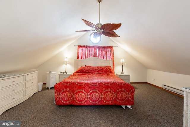 unfurnished bedroom with vaulted ceiling, ceiling fan, a baseboard heating unit, and dark carpet