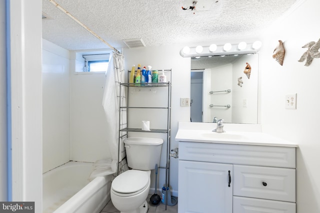 full bathroom with toilet, shower / tub combo, vanity, and a textured ceiling