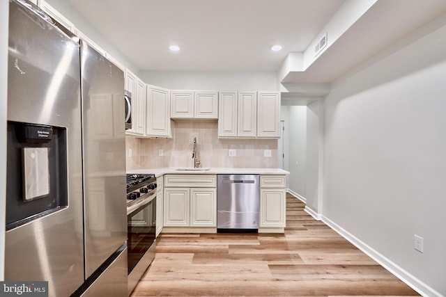 kitchen featuring white cabinetry, sink, appliances with stainless steel finishes, tasteful backsplash, and light hardwood / wood-style flooring