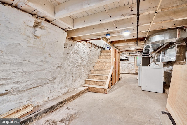 1341 Sargeant St, Baltimore, MD 21223 - unfinished below grade area with washer / dryer, stairs, and electric panel