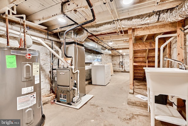 1341 Sargeant St, Baltimore, MD 21223 - unfinished basement featuring electric water heater, washer and dryer, and heating unit
