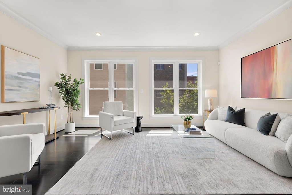 living room with hardwood / wood-style floors and crown molding