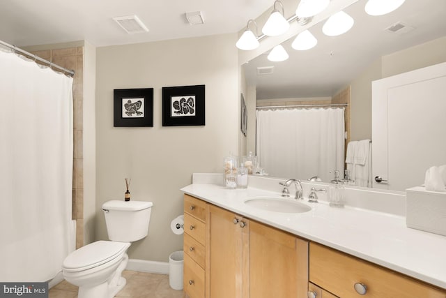 bathroom with tile patterned floors, vanity, a shower with shower curtain, and toilet