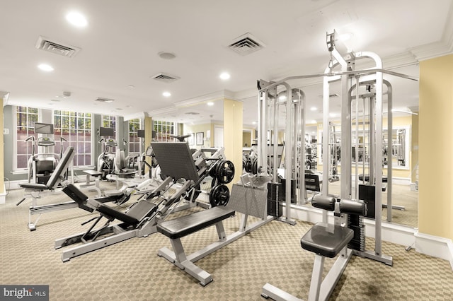 exercise room with carpet flooring, a wall of windows, and crown molding