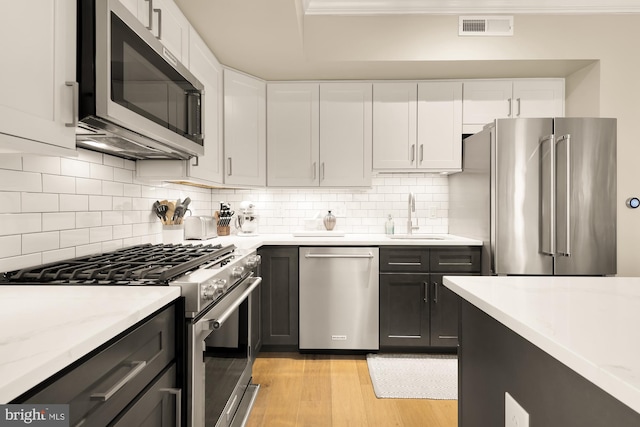 kitchen with white cabinets, tasteful backsplash, high quality appliances, and sink