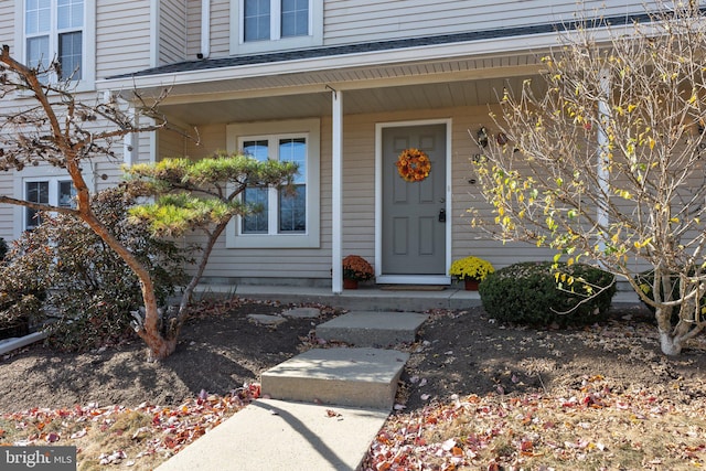 view of exterior entry featuring covered porch