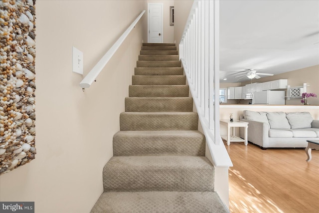 stairs featuring hardwood / wood-style floors and ceiling fan