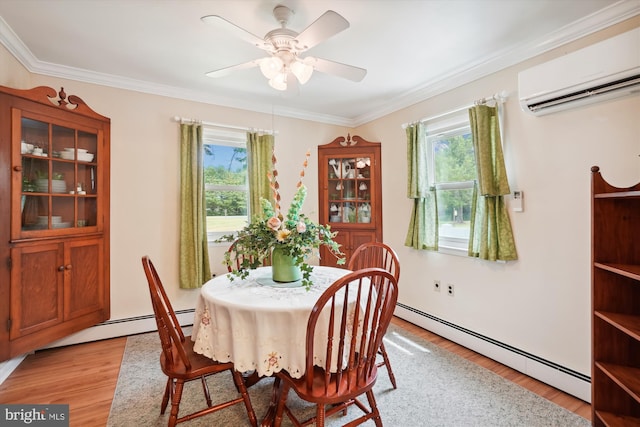 dining space featuring baseboard heating, light wood-type flooring, an AC wall unit, and crown molding