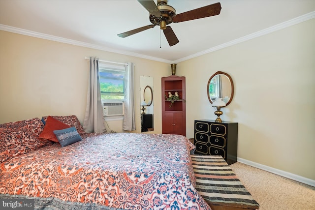 bedroom with ceiling fan, carpet flooring, and ornamental molding