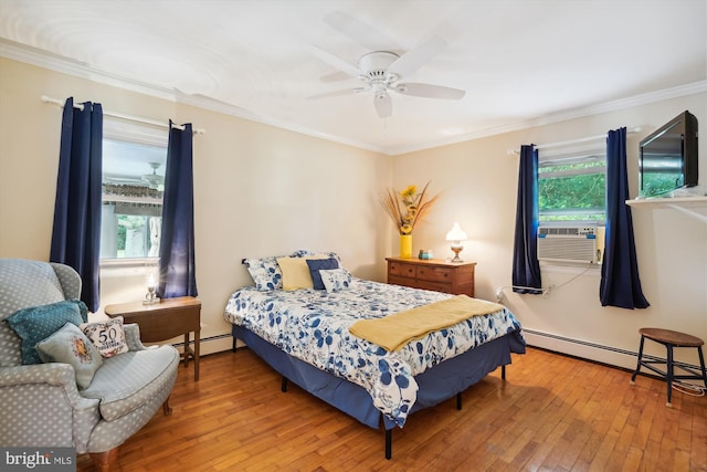 bedroom with ceiling fan, wood-type flooring, cooling unit, crown molding, and a baseboard radiator