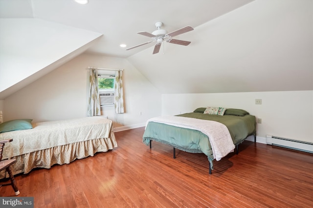 bedroom featuring baseboard heating, hardwood / wood-style floors, lofted ceiling, and ceiling fan