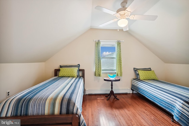 bedroom featuring lofted ceiling, wood-type flooring, baseboard heating, and ceiling fan