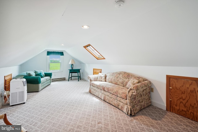 bonus room featuring carpet flooring, baseboard heating, and lofted ceiling with skylight