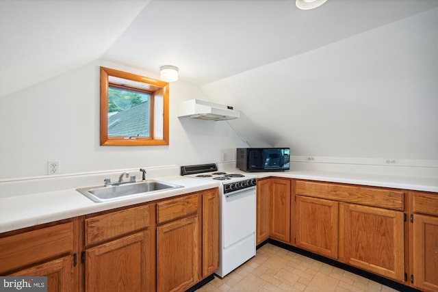 kitchen featuring white stove, ventilation hood, sink, and vaulted ceiling