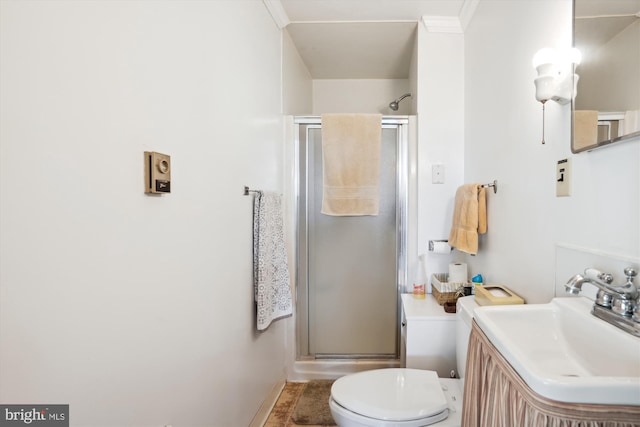 bathroom featuring walk in shower, vanity, toilet, and crown molding