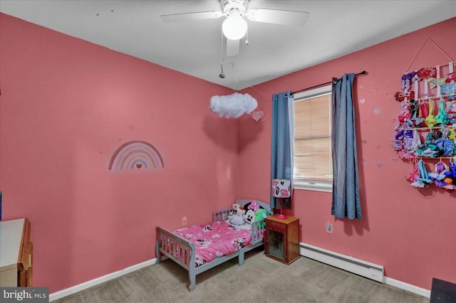 bedroom featuring ceiling fan, a baseboard radiator, and carpet floors