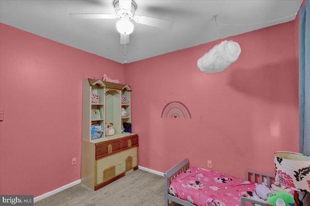 carpeted bedroom featuring ceiling fan