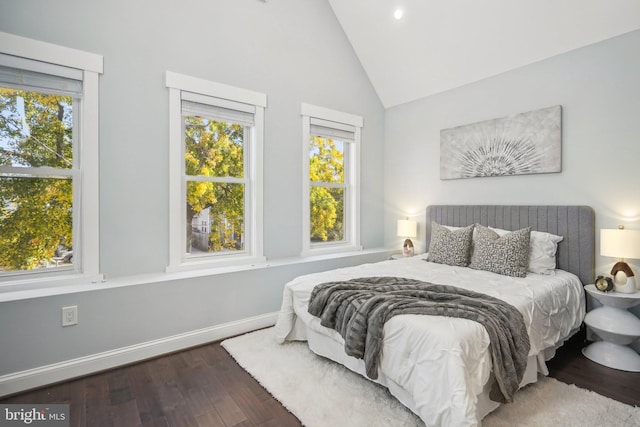 bedroom featuring dark hardwood / wood-style flooring, multiple windows, and vaulted ceiling