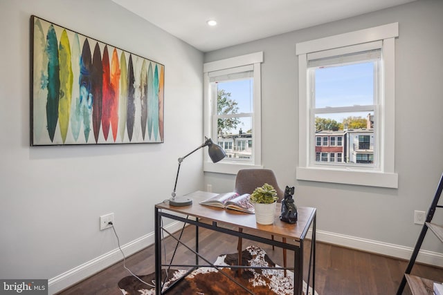 office area with dark wood-type flooring