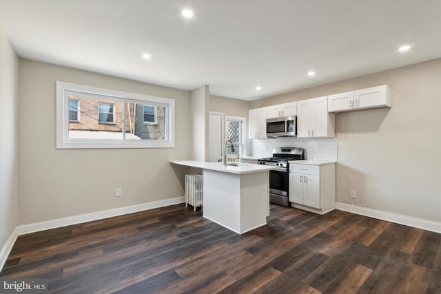 kitchen featuring radiator, white cabinetry, dark hardwood / wood-style floors, and stainless steel appliances