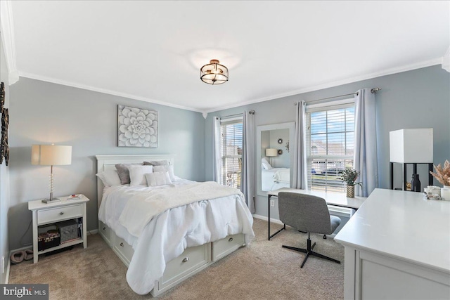 bedroom with light colored carpet and crown molding