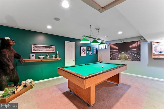 recreation room with billiards and carpet floors