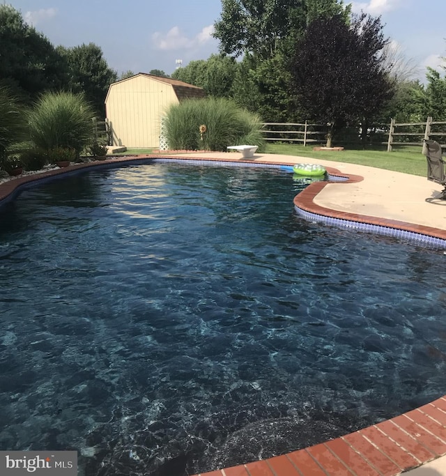 view of pool featuring a patio, a storage unit, and a diving board