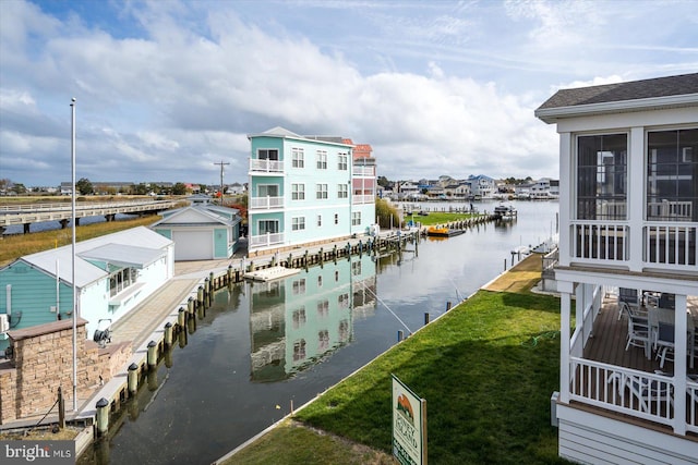 view of water feature with a dock