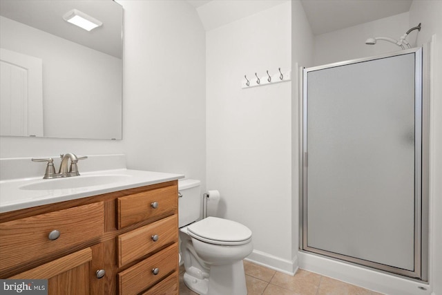 bathroom with toilet, an enclosed shower, vanity, and tile patterned floors