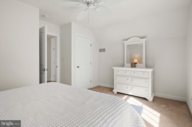 bedroom with light colored carpet and ceiling fan