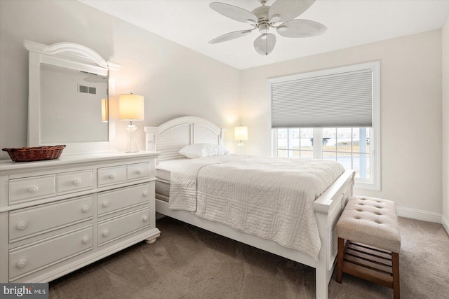 bedroom featuring ceiling fan and dark carpet