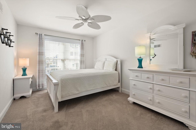 bedroom with light colored carpet and ceiling fan