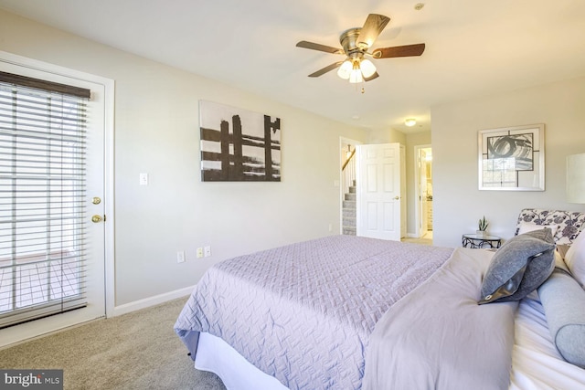 bedroom featuring access to exterior, ceiling fan, and carpet floors