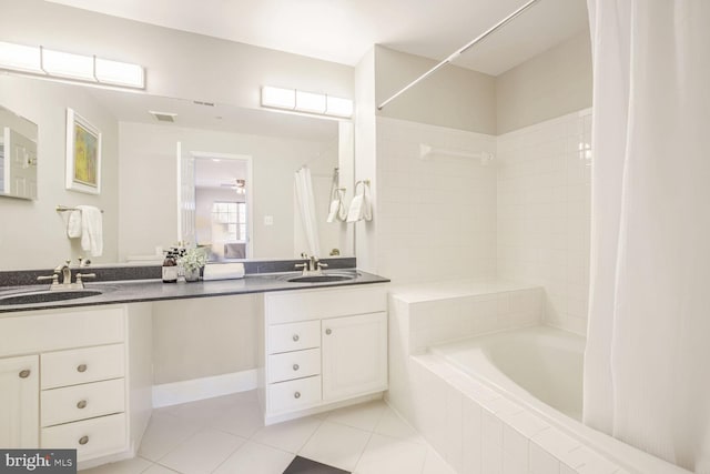 bathroom featuring ceiling fan, vanity, tile patterned floors, and shower / bath combination with curtain