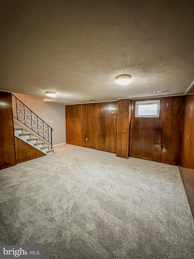 basement with carpet flooring, a textured ceiling, and wooden walls