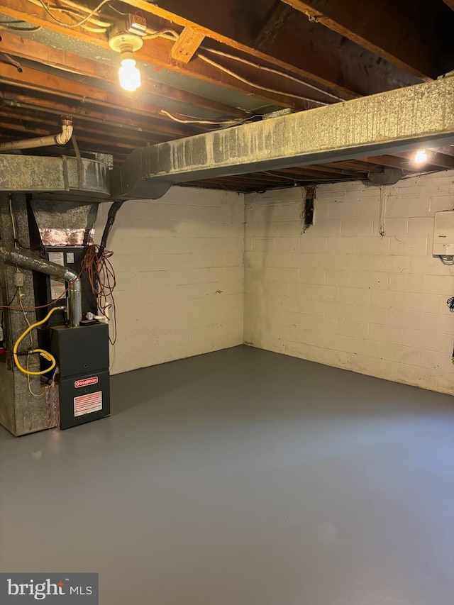 basement featuring heating unit