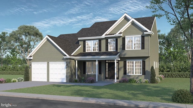 view of front of property with a front yard and a garage