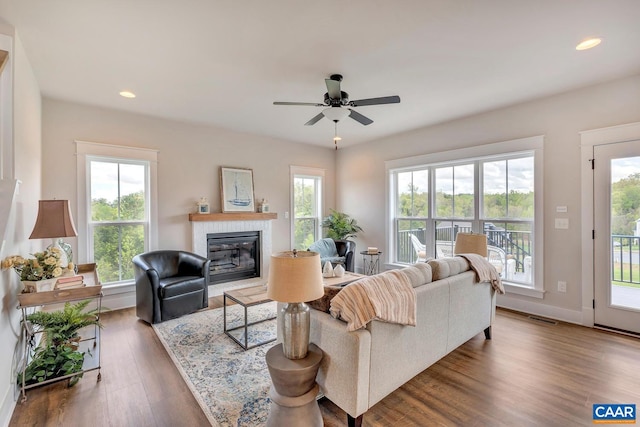 living room with ceiling fan, a wealth of natural light, and dark hardwood / wood-style floors