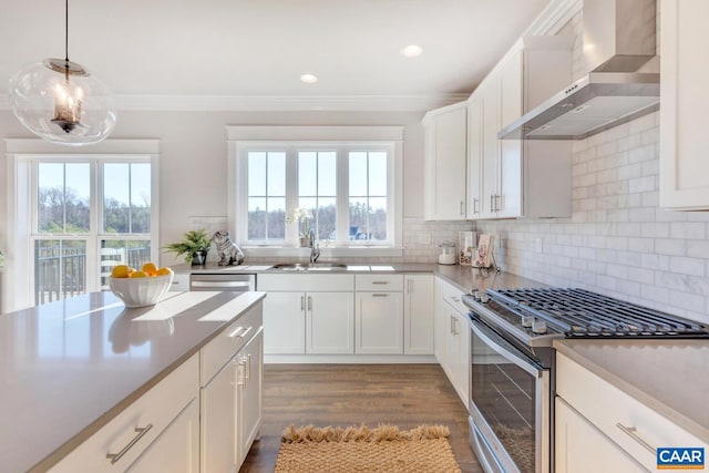 kitchen featuring white cabinetry, wall chimney range hood, appliances with stainless steel finishes, and hardwood / wood-style floors