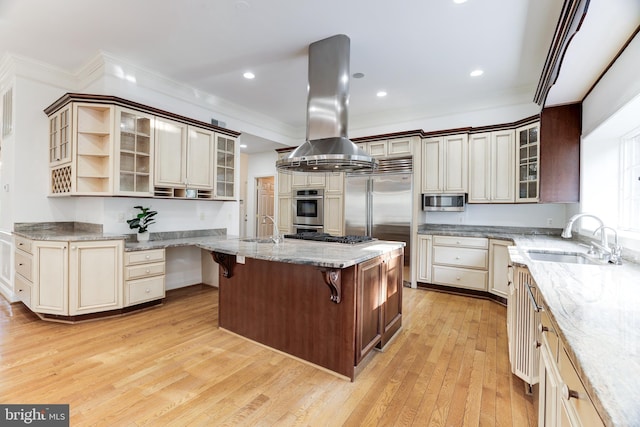 kitchen with stainless steel appliances, a breakfast bar, island range hood, an island with sink, and light wood-type flooring