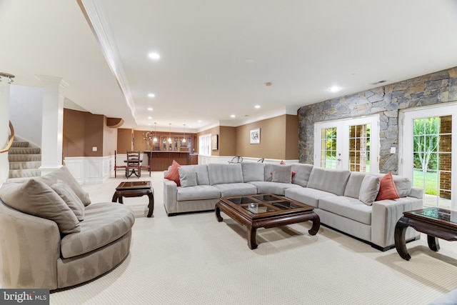 6318 Georgetown Pike, Mclean, VA 22101 - carpeted living room with ornamental molding, recessed lighting, a wainscoted wall, and stairs