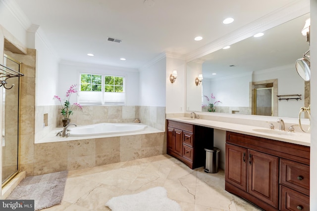 6318 Georgetown Pike, Mclean, VA 22101 - full bath with a shower stall, a bath, crown molding, double vanity, and recessed lighting