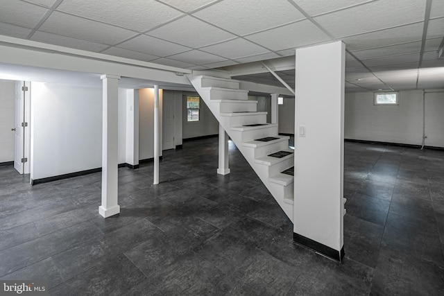 339 Hamilton Ave, Princeton, NJ 08540 - below grade area featuring a drop ceiling, stairway, and baseboards