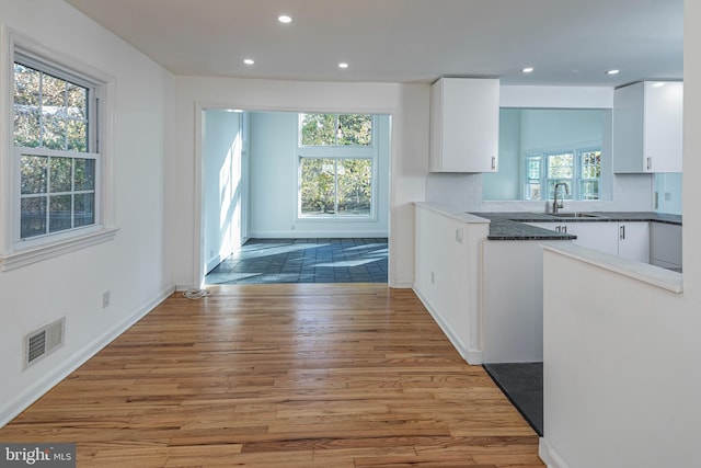 339 Hamilton Ave, Princeton, NJ 08540 - kitchen featuring light wood-type flooring, white cabinets, a sink, recessed lighting, and decorative backsplash