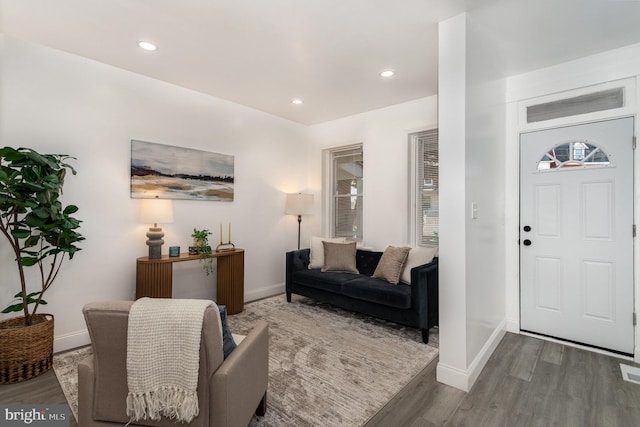 living room with dark wood-type flooring