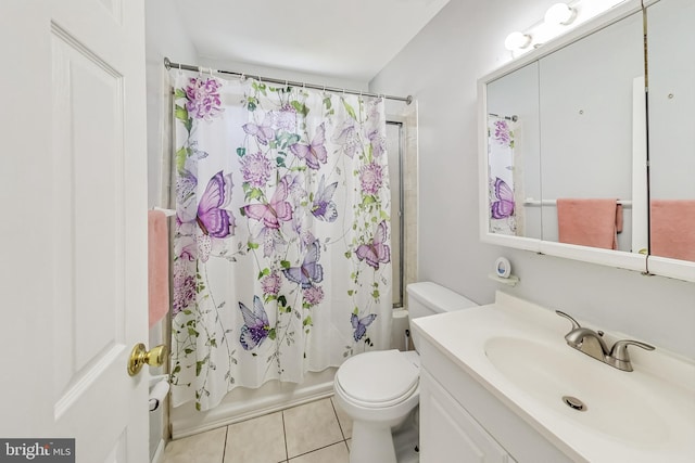 full bathroom with toilet, vanity, tile patterned floors, and shower / bathtub combination with curtain