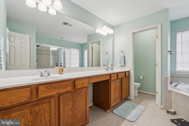 full bathroom featuring vanity, plenty of natural light, toilet, and plus walk in shower