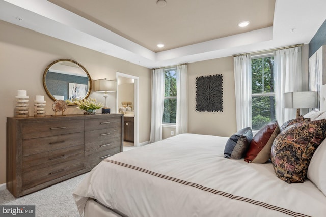 carpeted bedroom featuring ensuite bathroom, multiple windows, and a tray ceiling