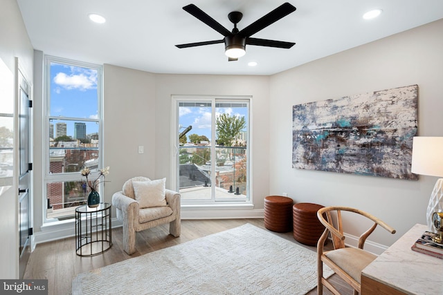 home office with a wealth of natural light, ceiling fan, and light wood-type flooring