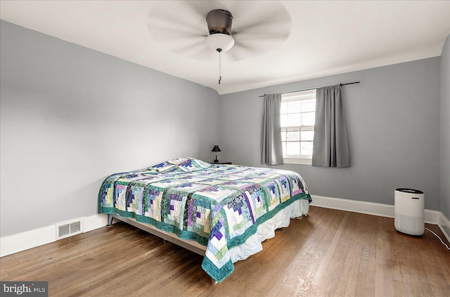 bedroom featuring ceiling fan and wood-type flooring